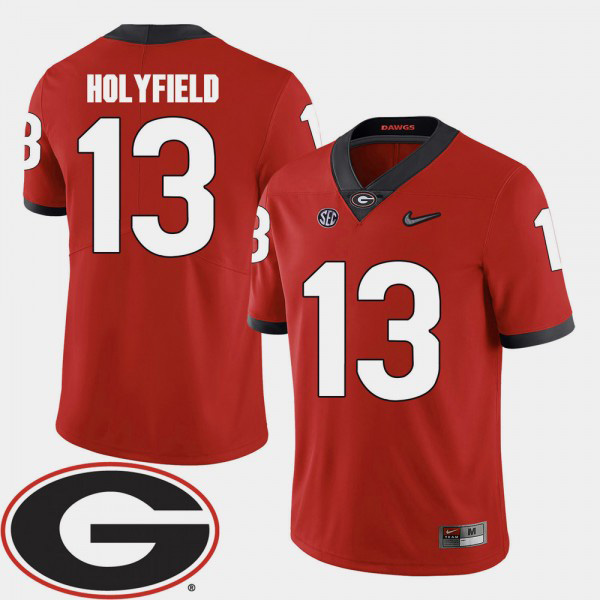 Men's #13 Elijah Holyfield Georgia Bulldogs For College Football 2018 SEC Patch Jersey - Red